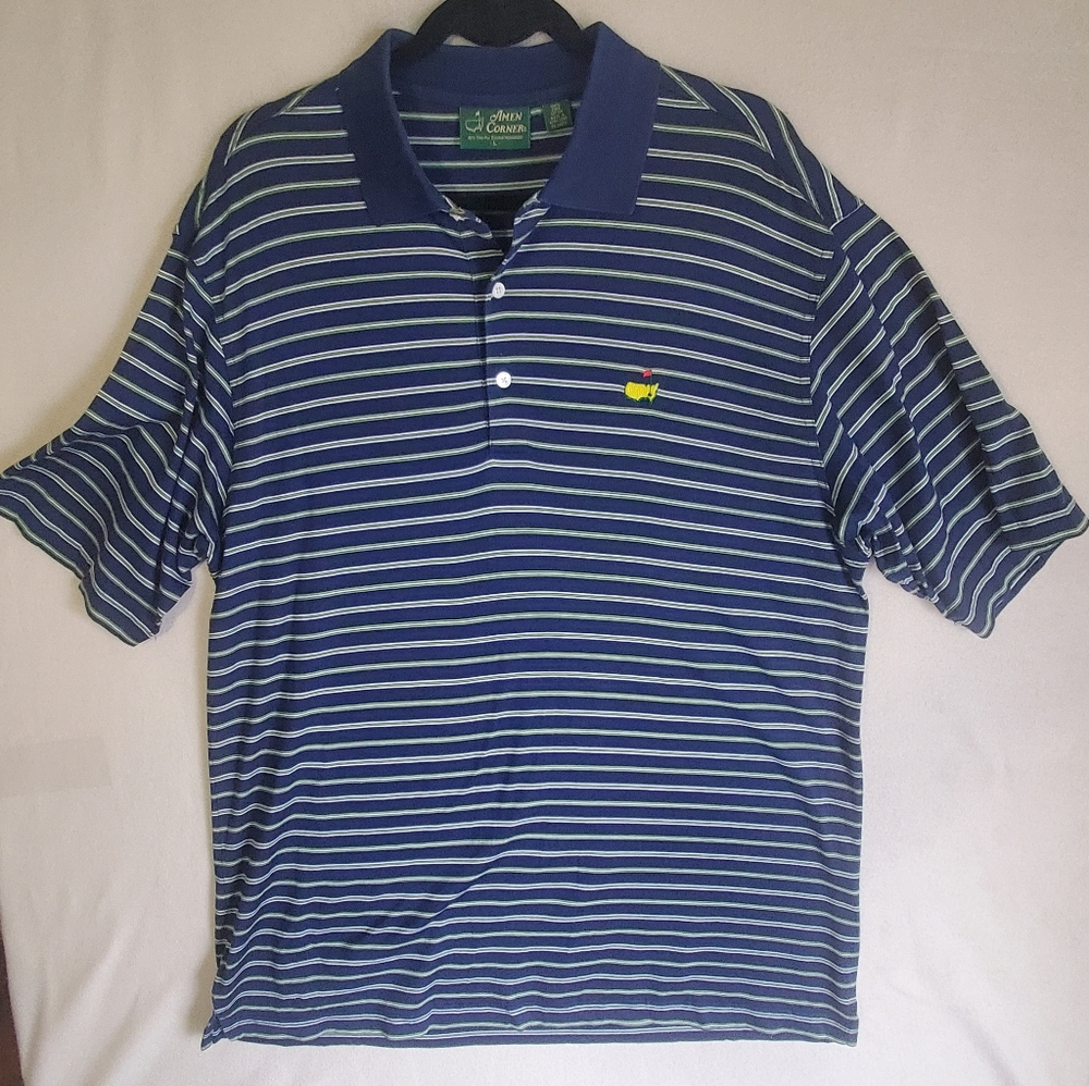 Master Amen Corner Men Short Sleeve Button Polo Shirt Size Large Striped Blue